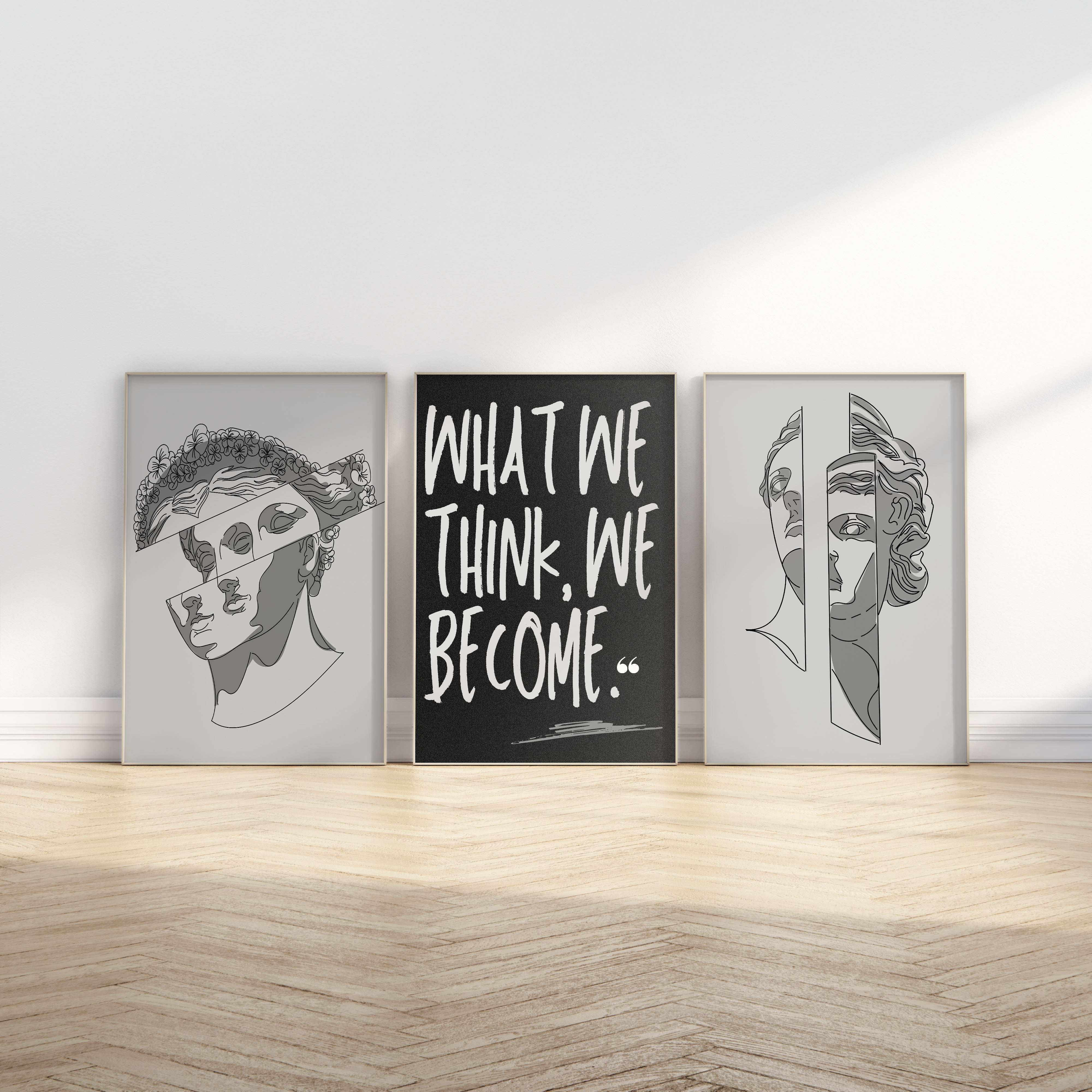 Modern Grek Stil 3’lü Poster Seti | Minimalist Heykel İllüstrasyonları & Tipografik Duvar Tablosu