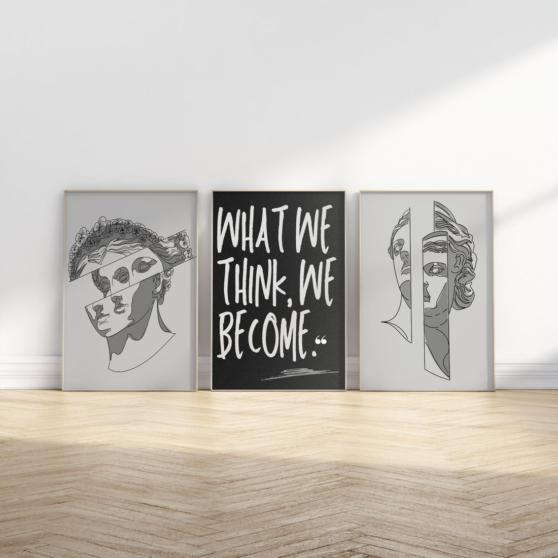 Modern Grek Stil 3’lü Poster Seti | Minimalist Heykel İllüstrasyonları & Tipografik Duvar Tablosu