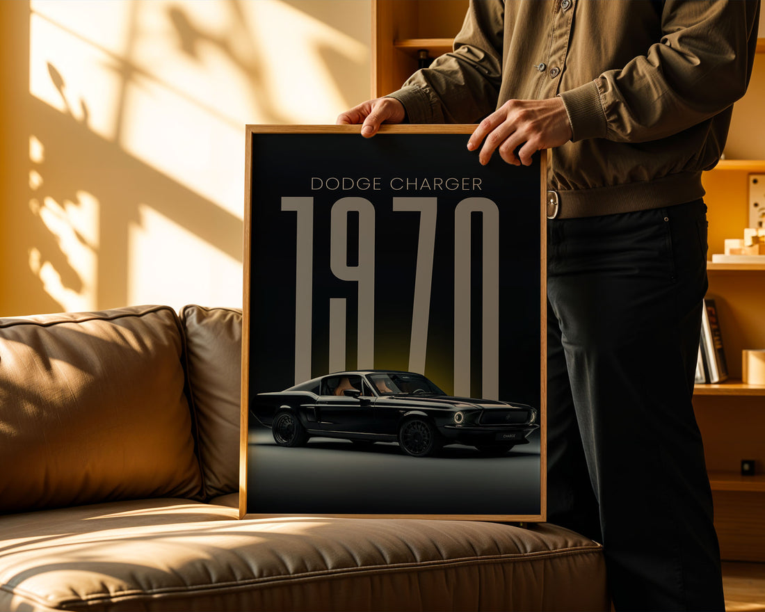 "1970" yazılı büyük dikey tipografi içeren siyah klasik araba posteri