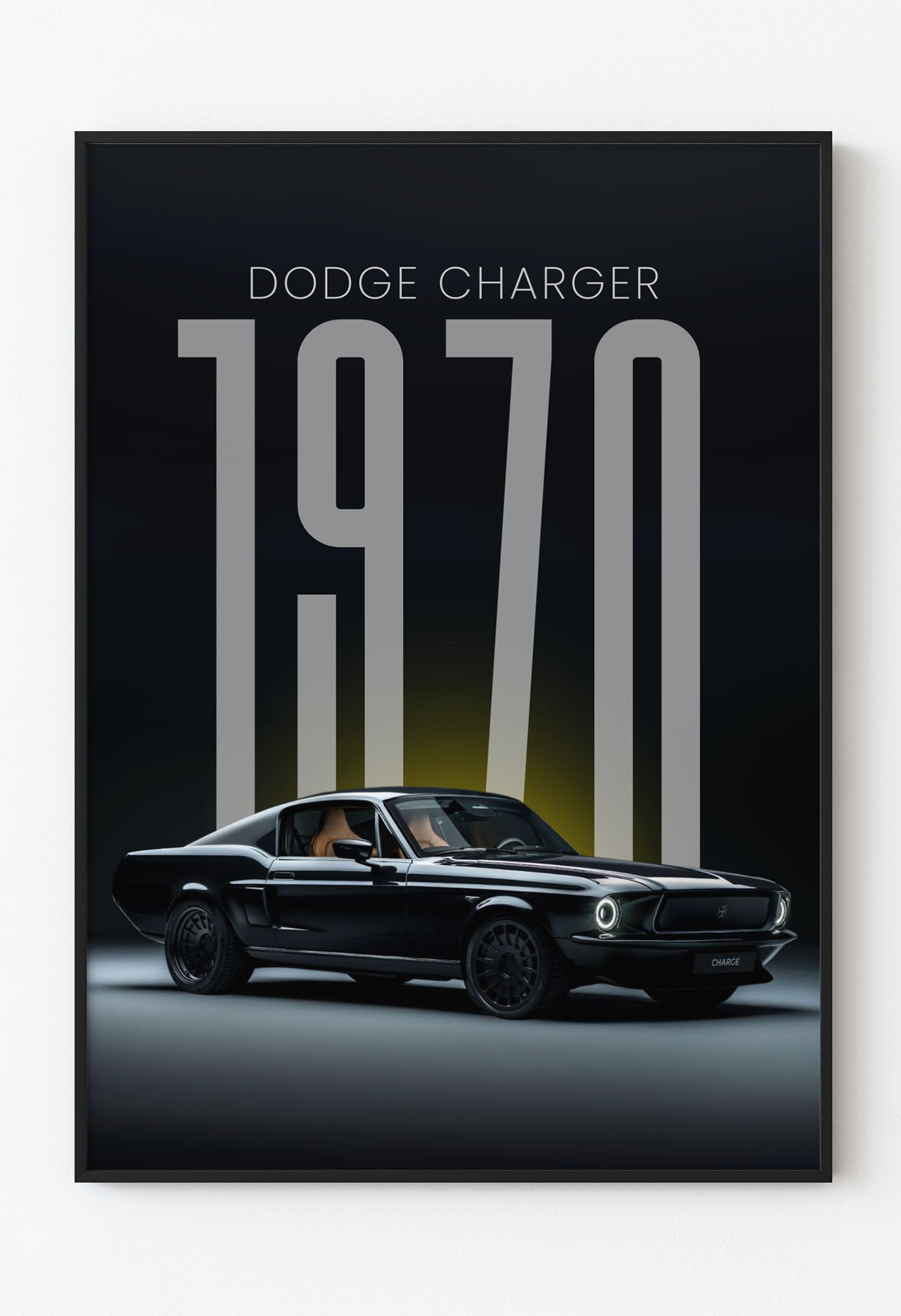 Siyah arka plan üzerinde 1970 Dodge Charger temalı minimalist ve retro duvar posteri tasarımı.