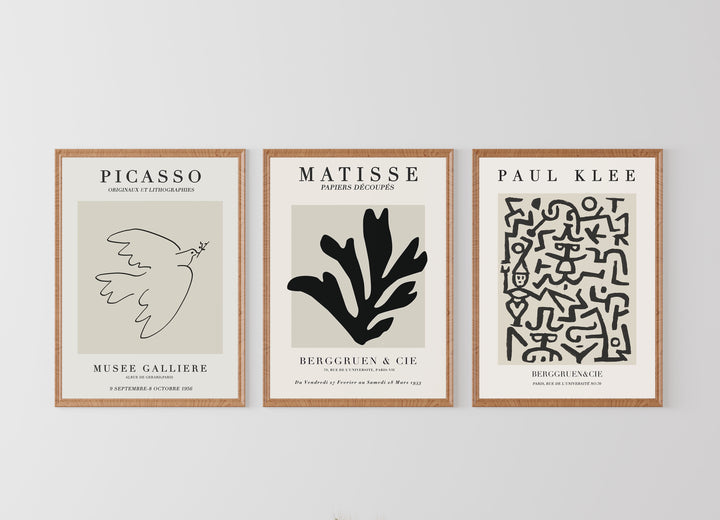 Picasso, Matisse ve Paul Klee 3'lü Sergi Posteri Seti | Minimalist Modern Duvar Sanatı