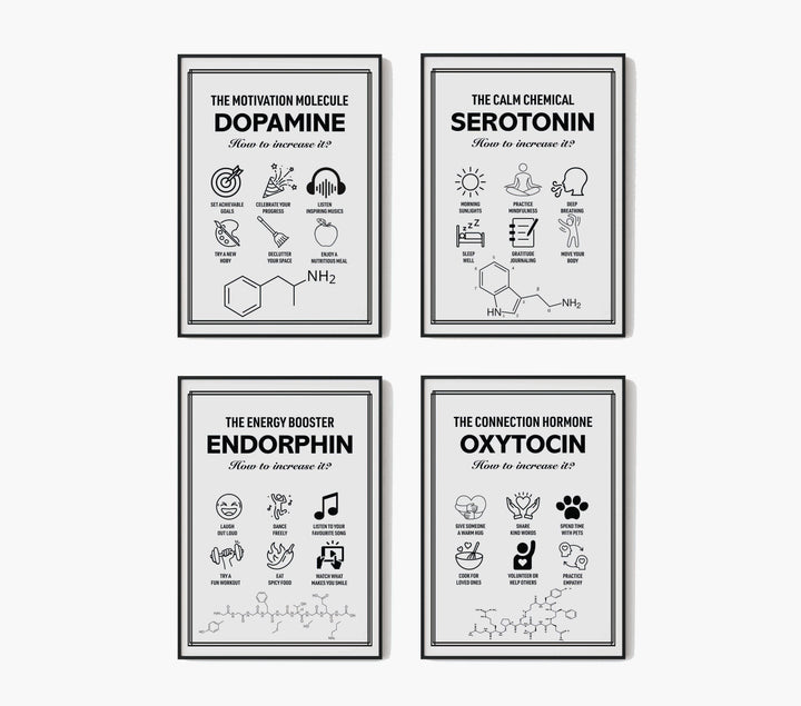 Nörokimyasal Poster Seti – Dopamin, Serotonin, Endorfin ve Oksitosin | Minimalist Psikoloji ve Motivasyon Dekoru