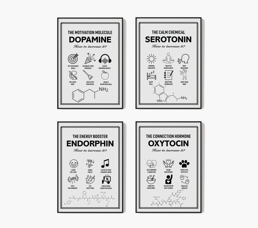 Nörokimyasal Poster Seti – Dopamin, Serotonin, Endorfin ve Oksitosin | Minimalist Psikoloji ve Motivasyon Dekoru