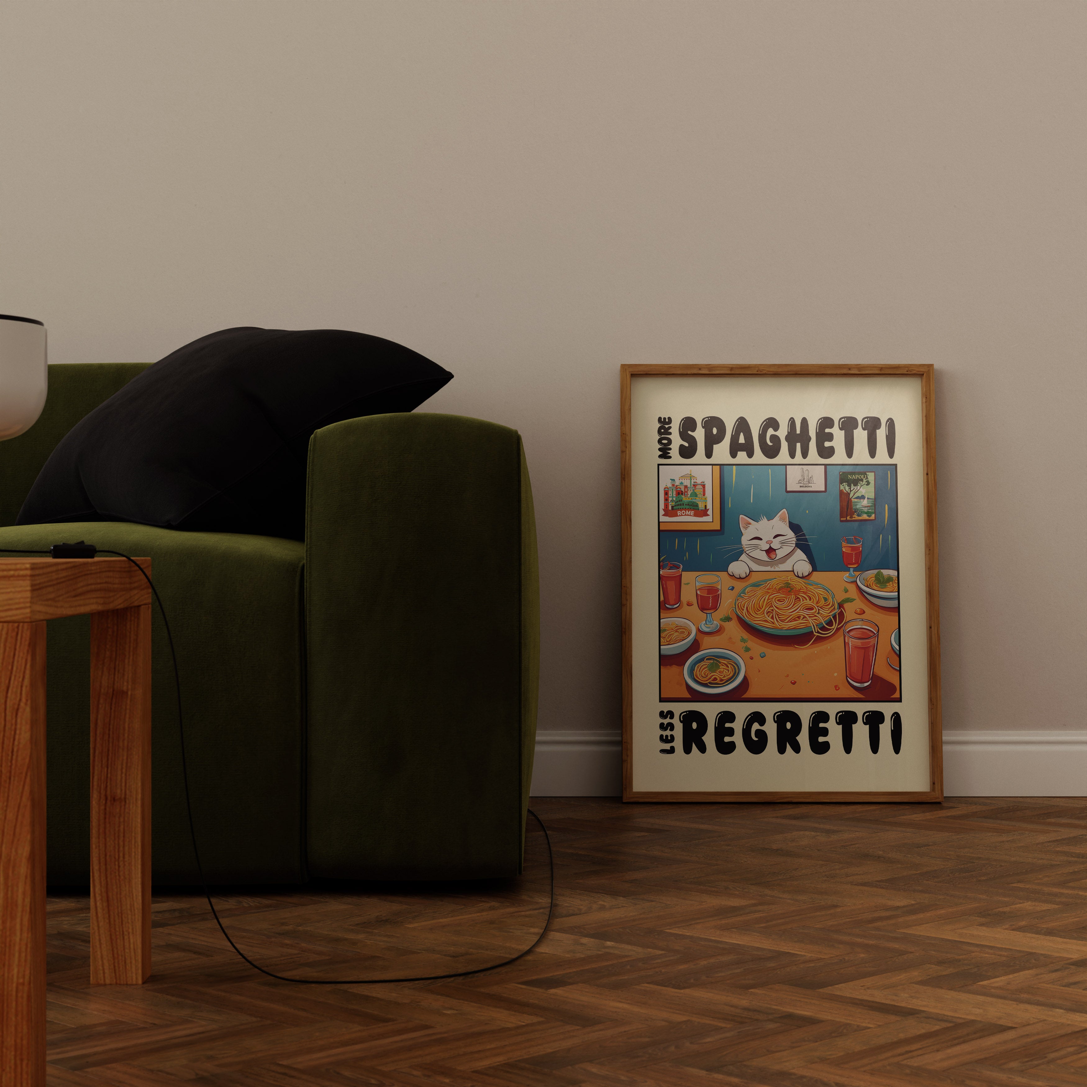 More Spaghetti Less Regretti – Espirili Kedi ve Makarna Temalı Renkli Duvar Posteri