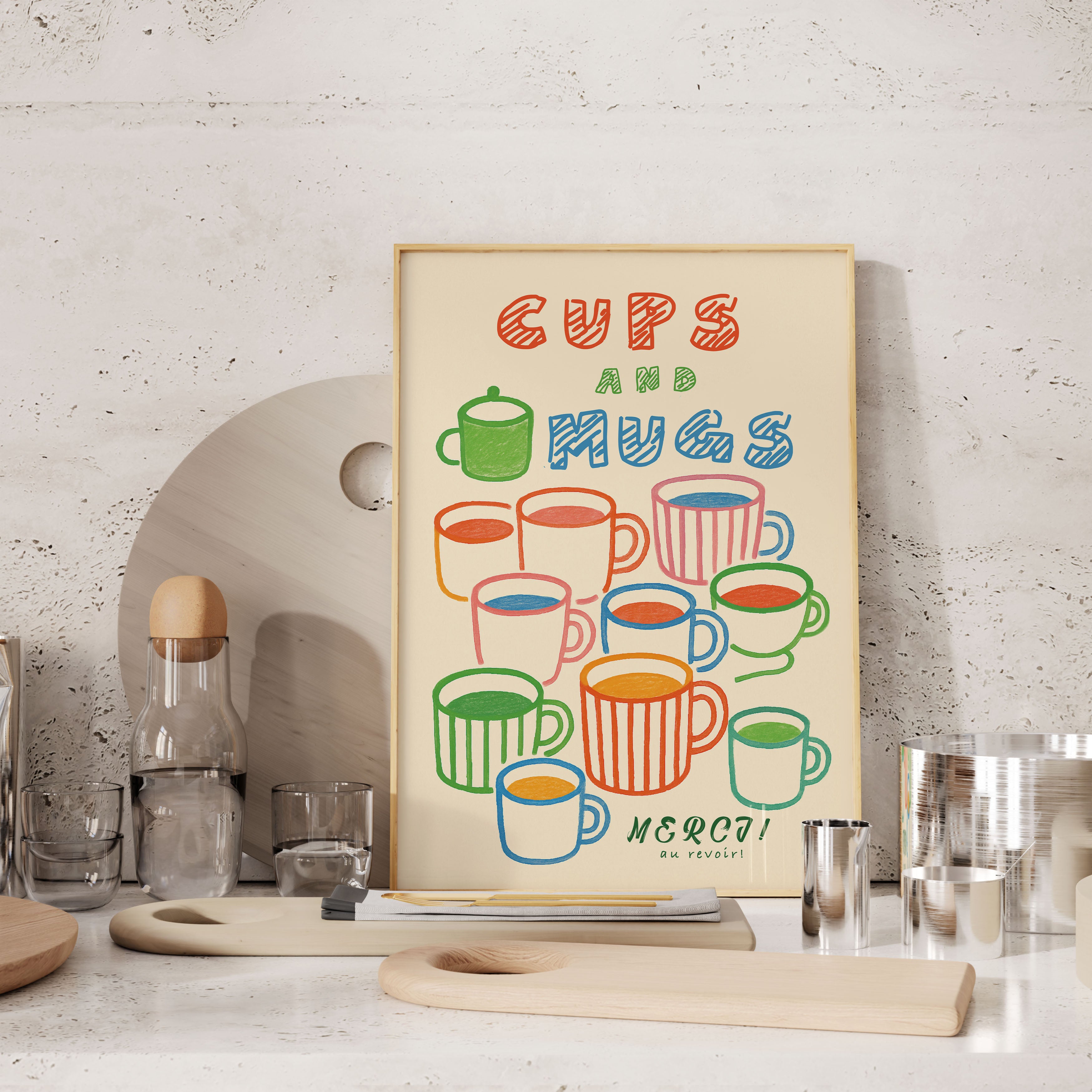 Cups & Mugs - Renkli El Çizimi Poster | Mutfak Dekoru | Naif Sanat İllüstrasyonu