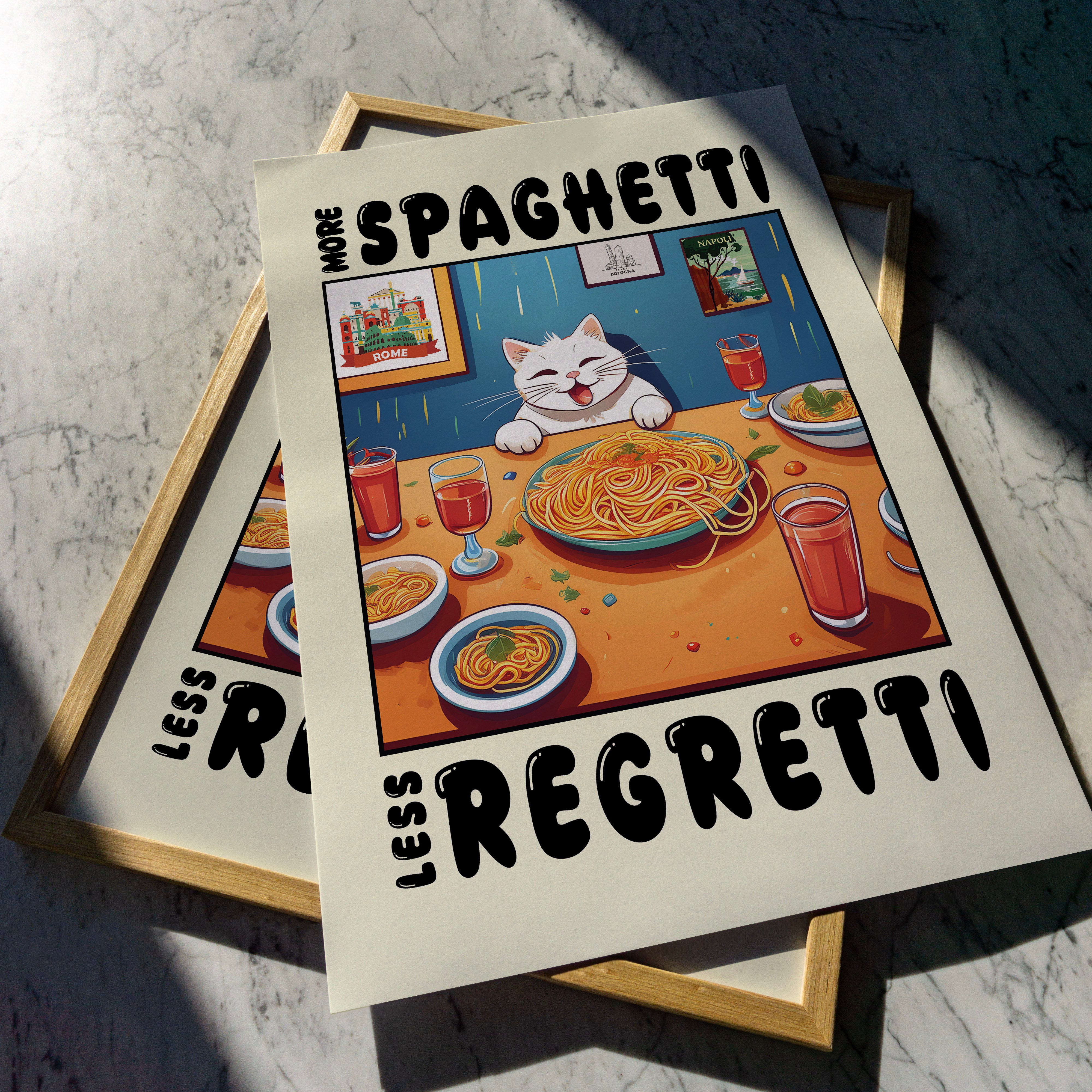 More Spaghetti Less Regretti – Espirili Kedi ve Makarna Temalı Renkli Duvar Posteri