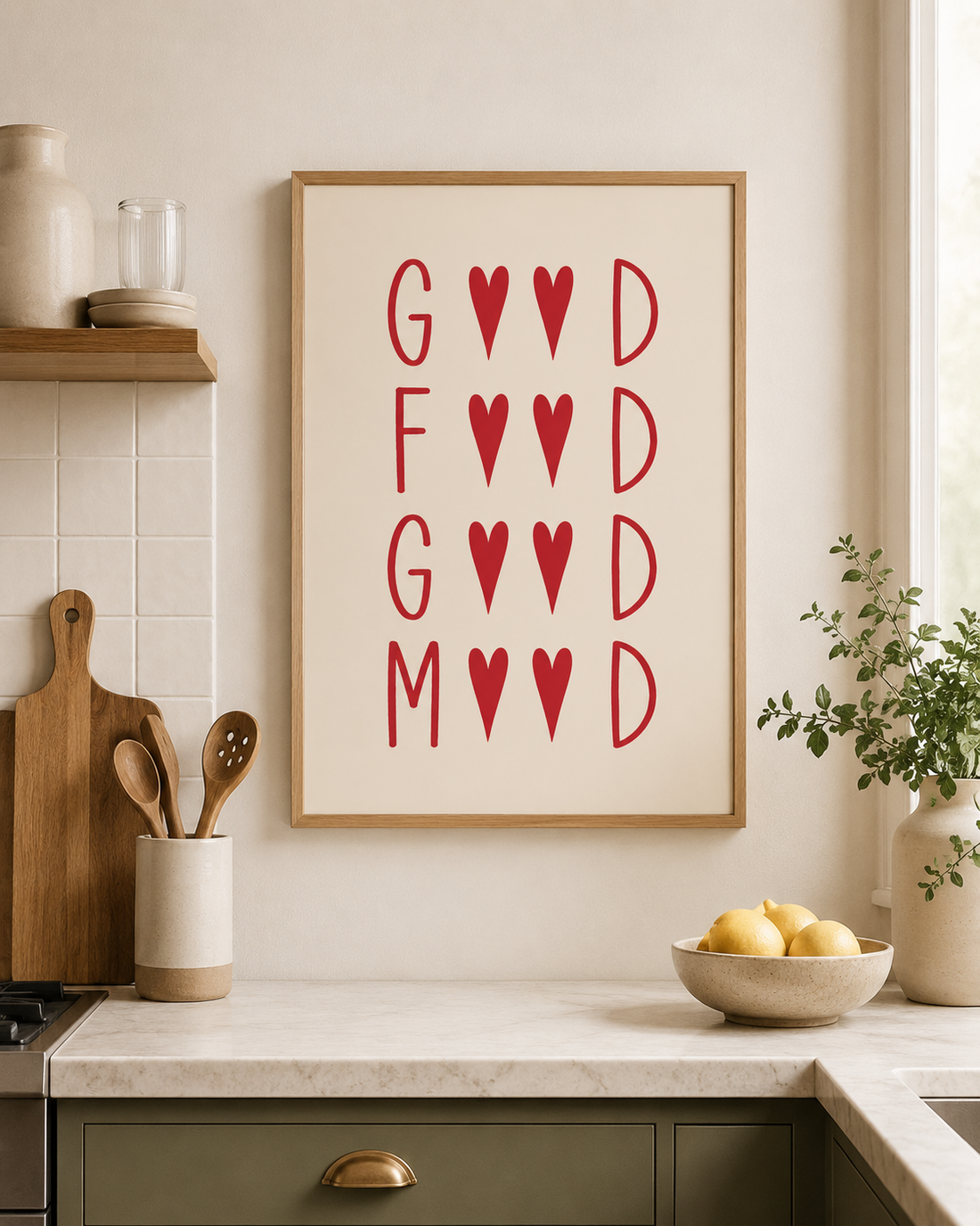 "Good Food Good Mood" Modern Mutfak Posteri - Kalp Detaylı Minimalist Duvar Dekoru