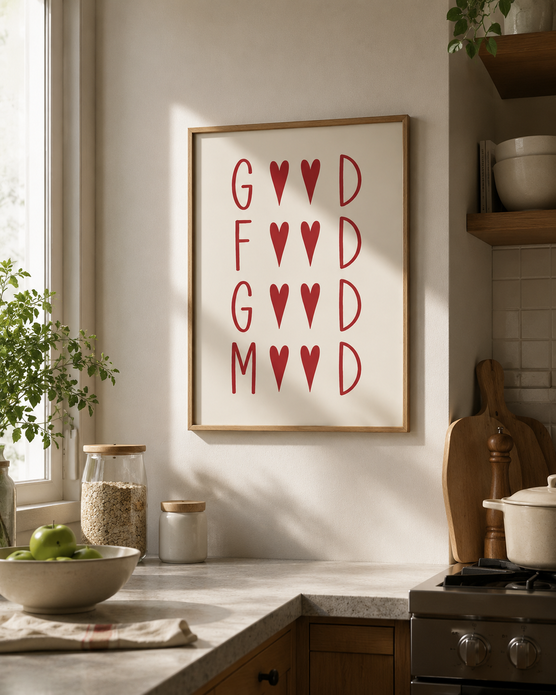 "Good Food Good Mood" Modern Mutfak Posteri - Kalp Detaylı Minimalist Duvar Dekoru