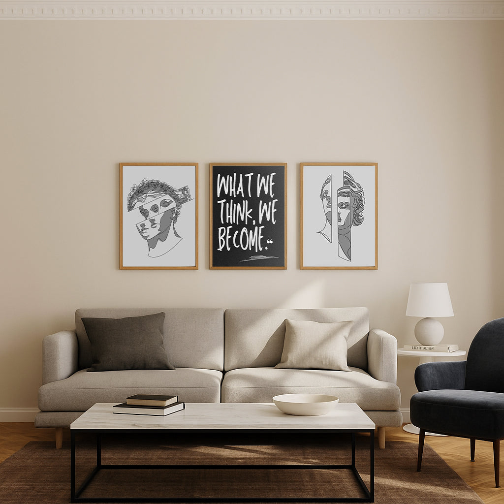 Modern Grek Stil 3’lü Poster Seti | Minimalist Heykel İllüstrasyonları & Tipografik Duvar Tablosu