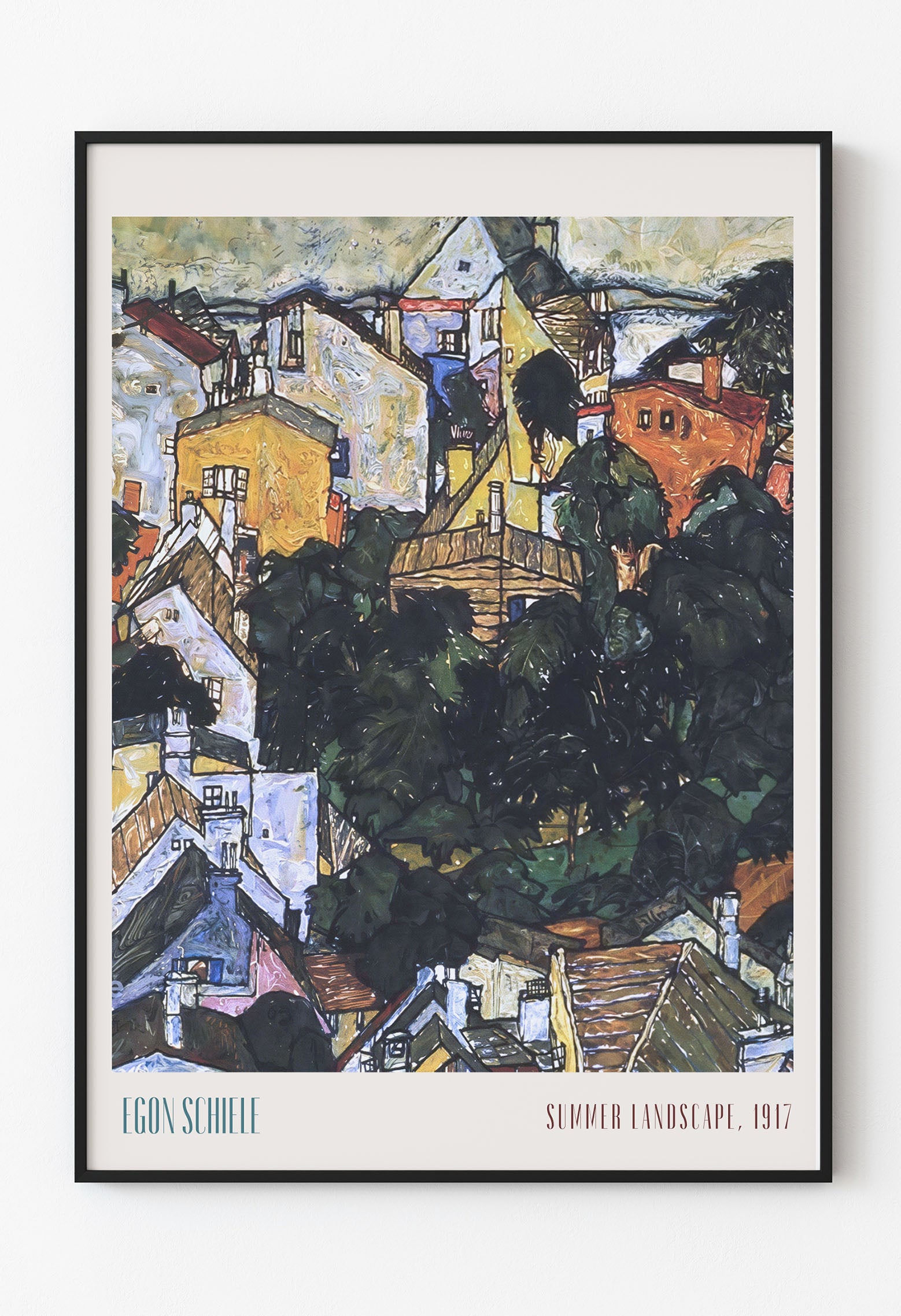 Egon Schiele Yaz Manzarası 1917 sanat baskısı; renkli yamaç evleri ve koyu yeşil ağaçları içeriyor, premium vintage ekspresyonist duvar posteri.

