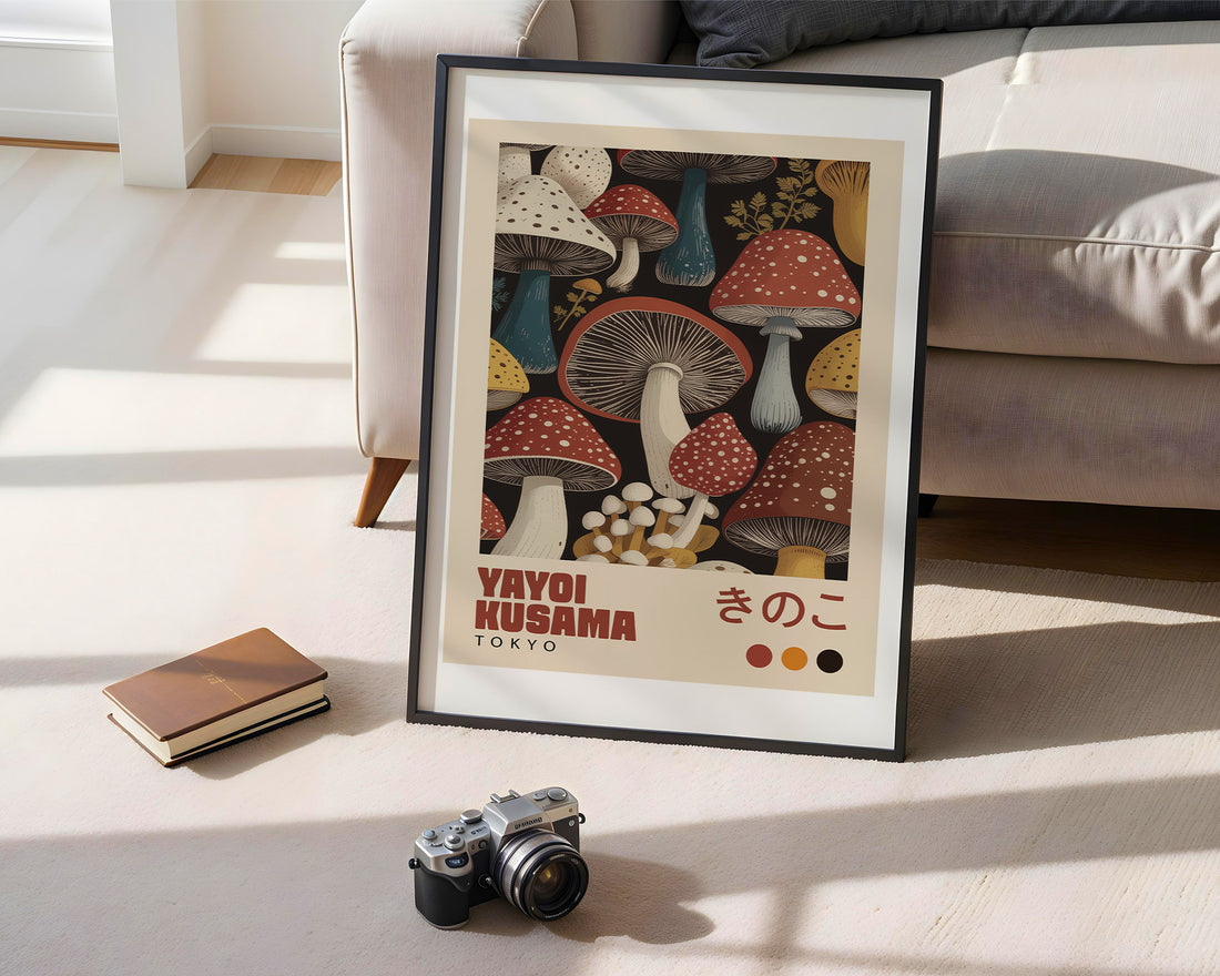 Retro Tokyo Mantar Sanatı Posteri – Vintage Botanik Duvar Baskısı / Kusama
