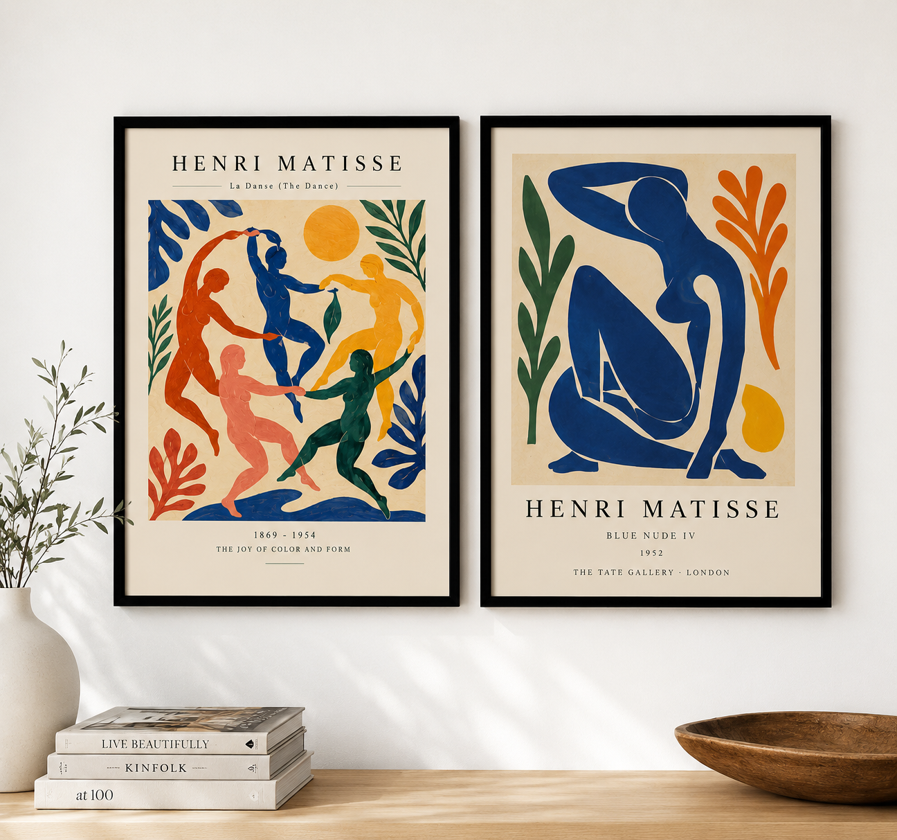 Henri Matisse La Danse ve Blue Nude IV ikili sanat baskı seti, beyaz duvarda siyah çerçeveli modern galeri duvar dekoru, minimalist ev dekorasyonu görseli