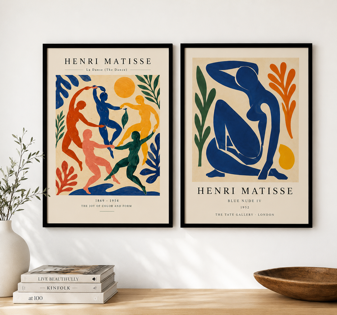 Henri Matisse La Danse ve Blue Nude IV ikili sanat baskı seti, beyaz duvarda siyah çerçeveli modern galeri duvar dekoru, minimalist ev dekorasyonu görseli