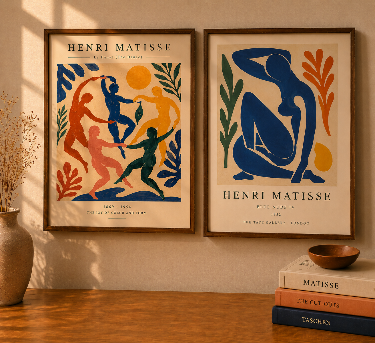 Henri Matisse La Danse ve Blue Nude IV ikili sanat baskı seti, beyaz duvarda siyah çerçeveli modern galeri duvar dekoru, minimalist ev dekorasyonu görseli