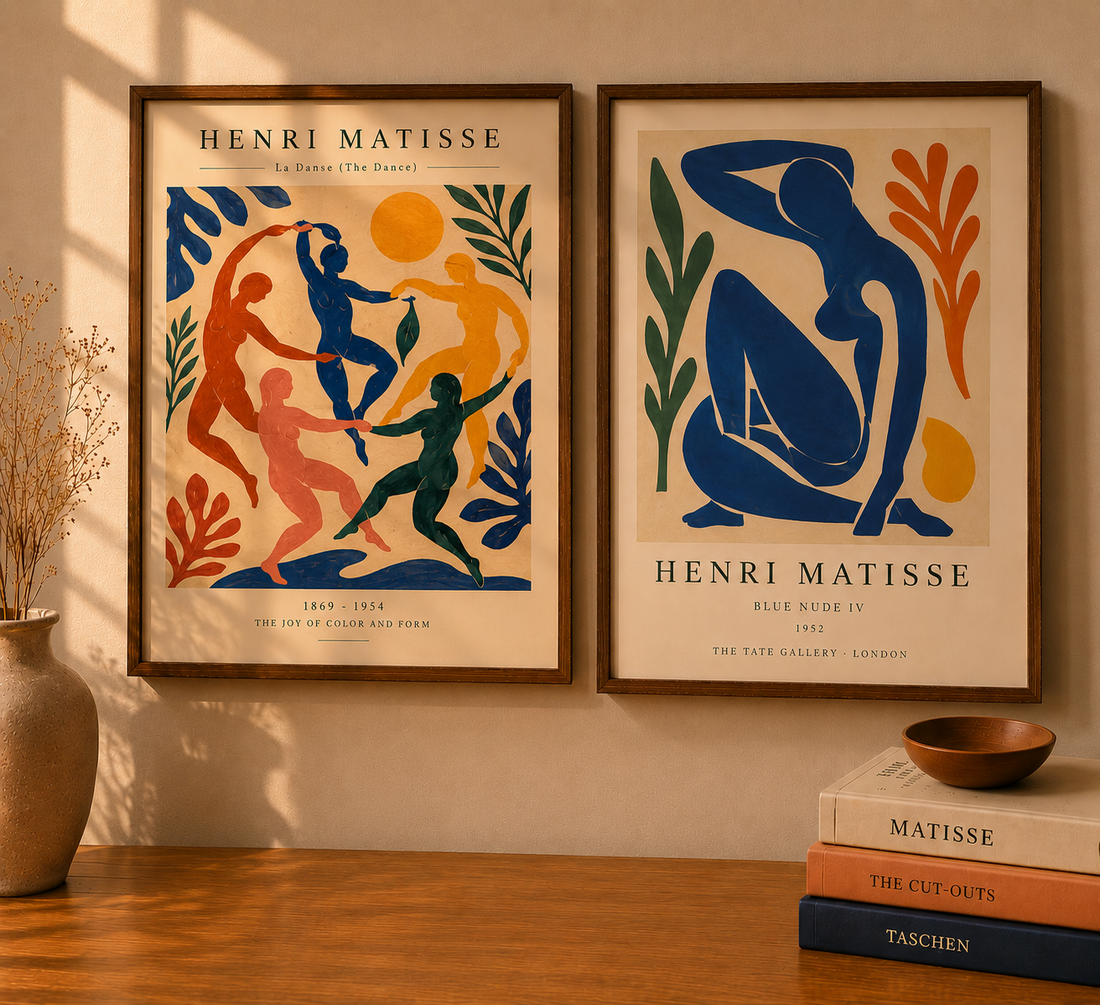 Henri Matisse La Danse ve Blue Nude IV ikili sanat baskı seti, beyaz duvarda siyah çerçeveli modern galeri duvar dekoru, minimalist ev dekorasyonu görseli
