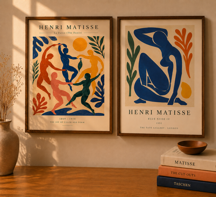Henri Matisse La Danse ve Blue Nude IV ikili sanat baskı seti, beyaz duvarda siyah çerçeveli modern galeri duvar dekoru, minimalist ev dekorasyonu görseli