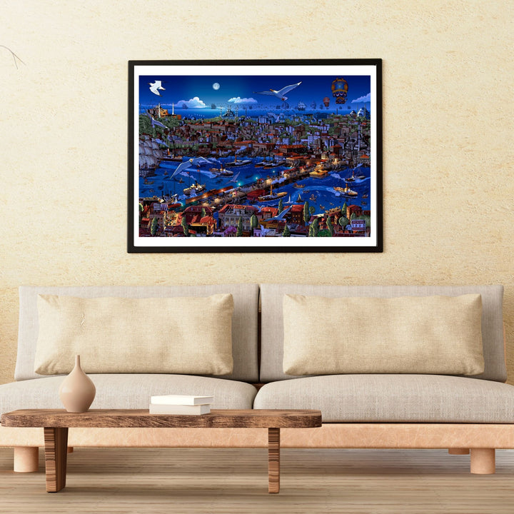 İstanbul Panorama – Servet Gürbüz İmzalı İllüstrasyon Posteri / Galata'dan İstanbul (Akşamüstü)