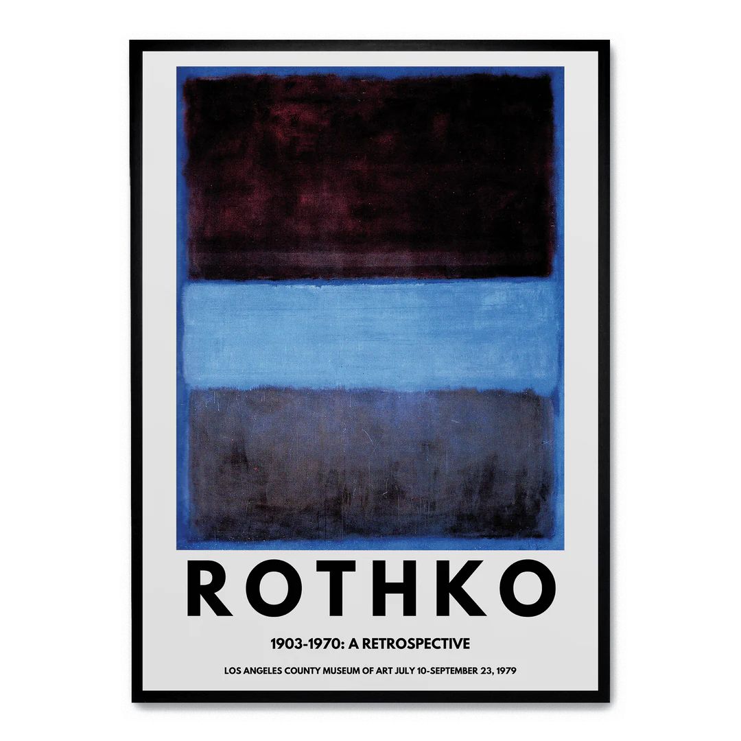 Mark Rothko Los Angeles retrospektif sergi posteri, mavi ve koyu mürdüm renkli soyut duvar sanatı baskısı