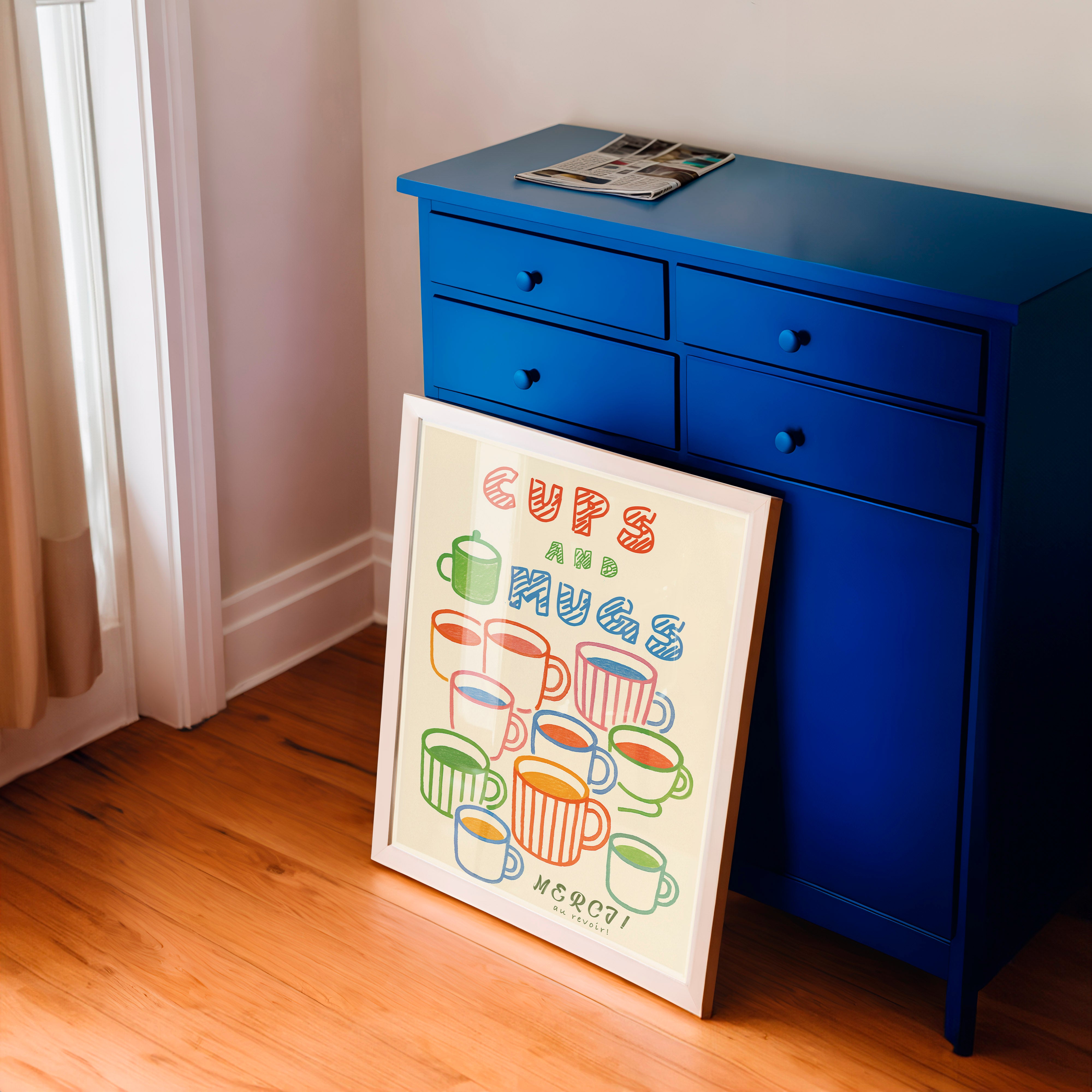 Cups & Mugs - Renkli El Çizimi Poster | Mutfak Dekoru | Naif Sanat İllüstrasyonu