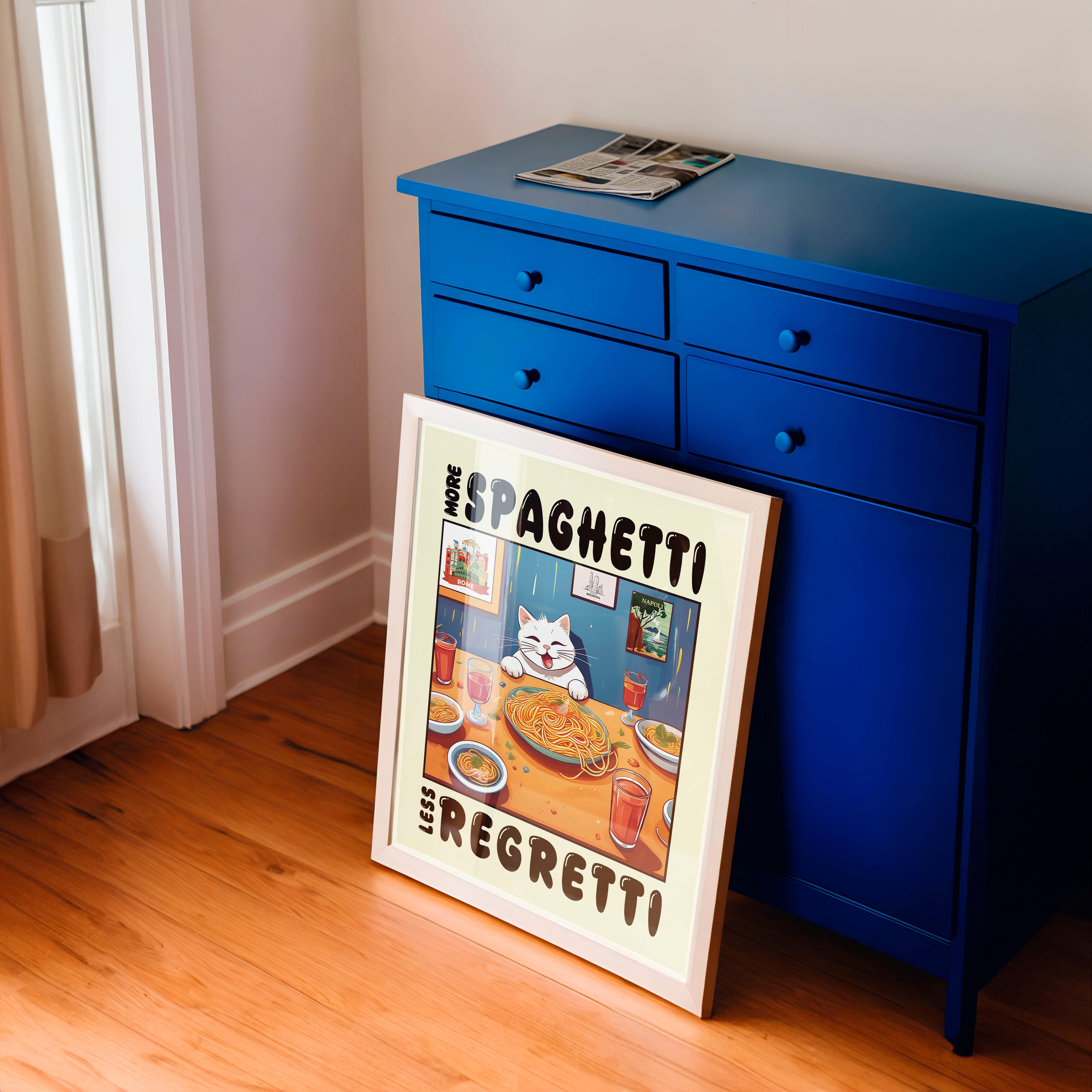 More Spaghetti Less Regretti – Espirili Kedi ve Makarna Temalı Renkli Duvar Posteri