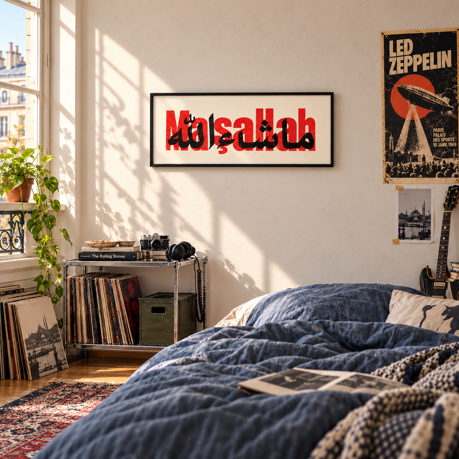 Maşallah Poster | Türkçe ve Arapça Tipografik Duvar Sanatı | Kırmızı Siyah Yatay Baskı