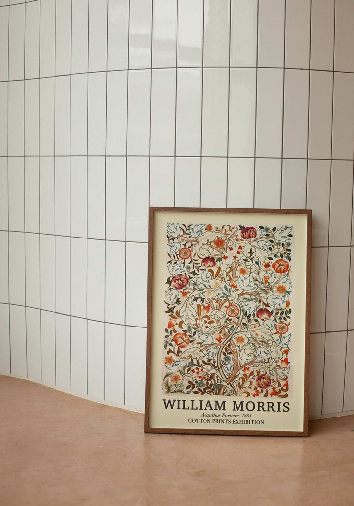 William Morris "Acanthus Portière 1861" desenli ahşap çerçeveli vintage sanat posteri