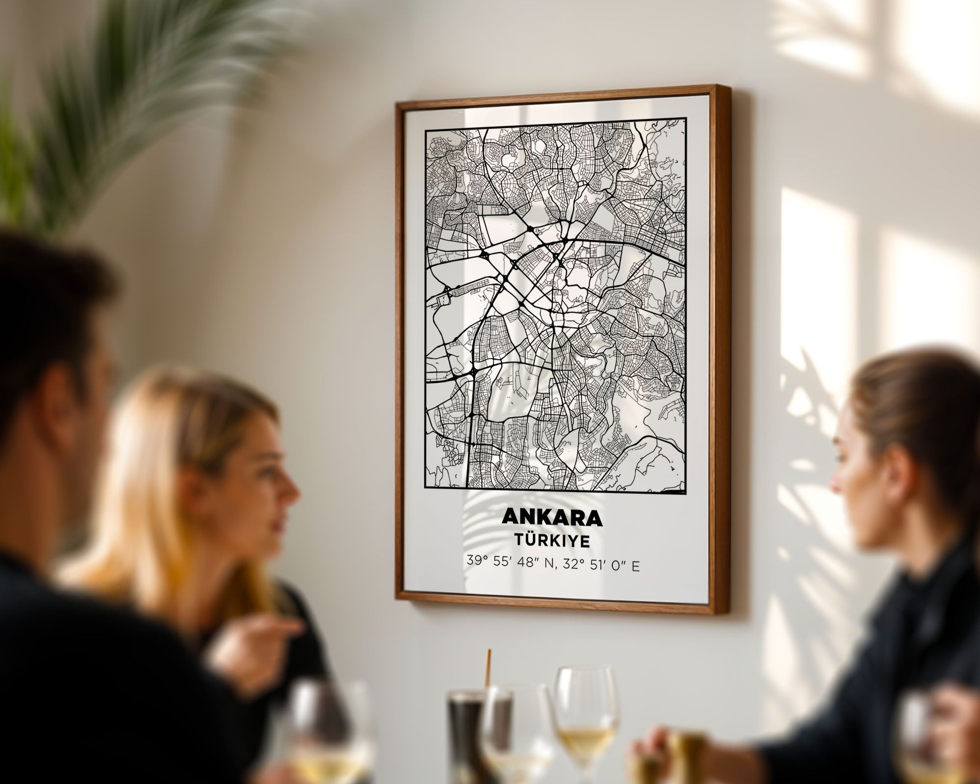 Ankara koordinatları içeren dekoratif şehir planı poster tablosu.