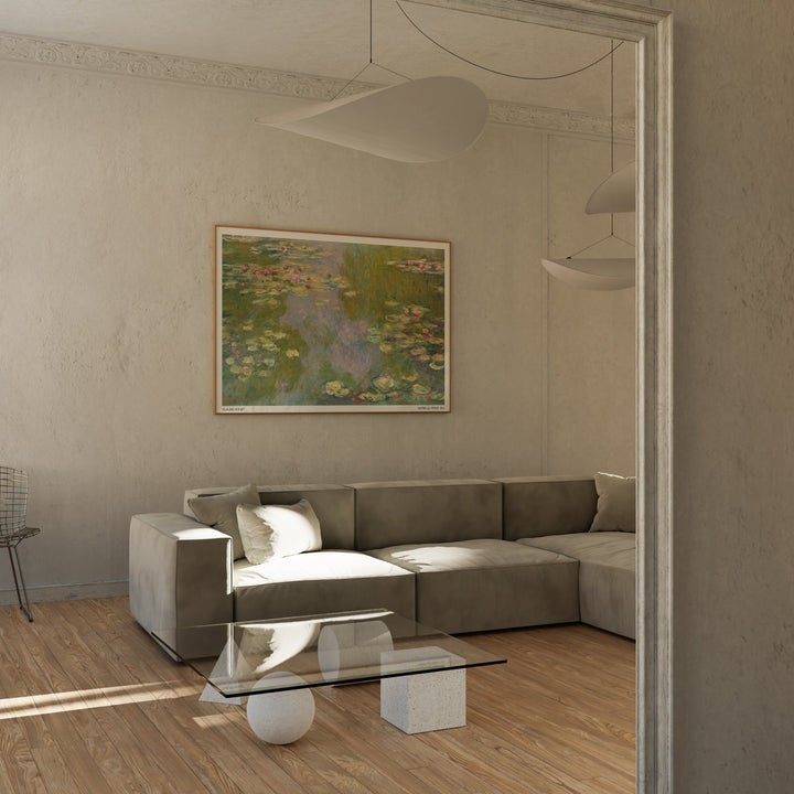 Modern oturma odası dekorasyonu için yeşil tonlarda Monet nilüferler kanvas tablo