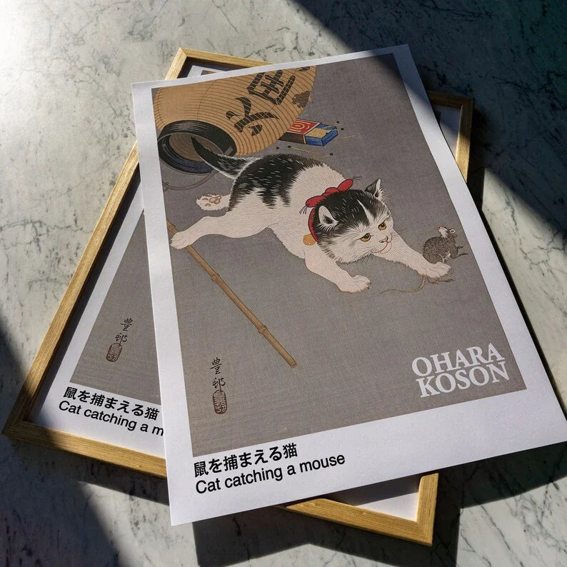 Ohara Koson - Cat catching a mouse - Kedi Posteri Art101.shop