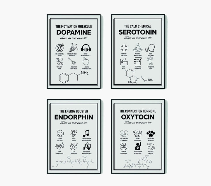 Nörokimyasal Duvar Dekorasyonu Seti – Dopamin, Serotonin, Endorfin ve Oksitosin Posterleri | Minimalist Psikoloji ve Motivasyon Dekorasyonu