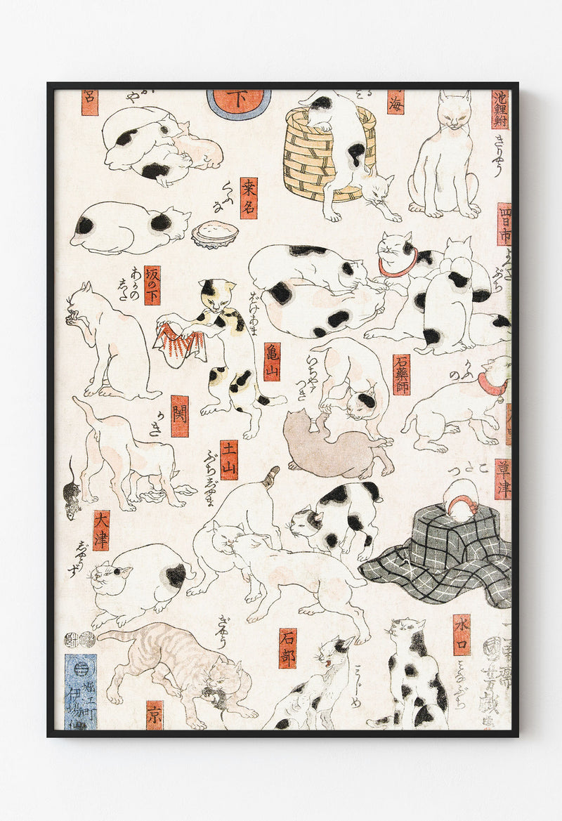 apon ukiyo-e tarzında farklı pozlarda kedi çizimleri içeren vintage sanat posteri.