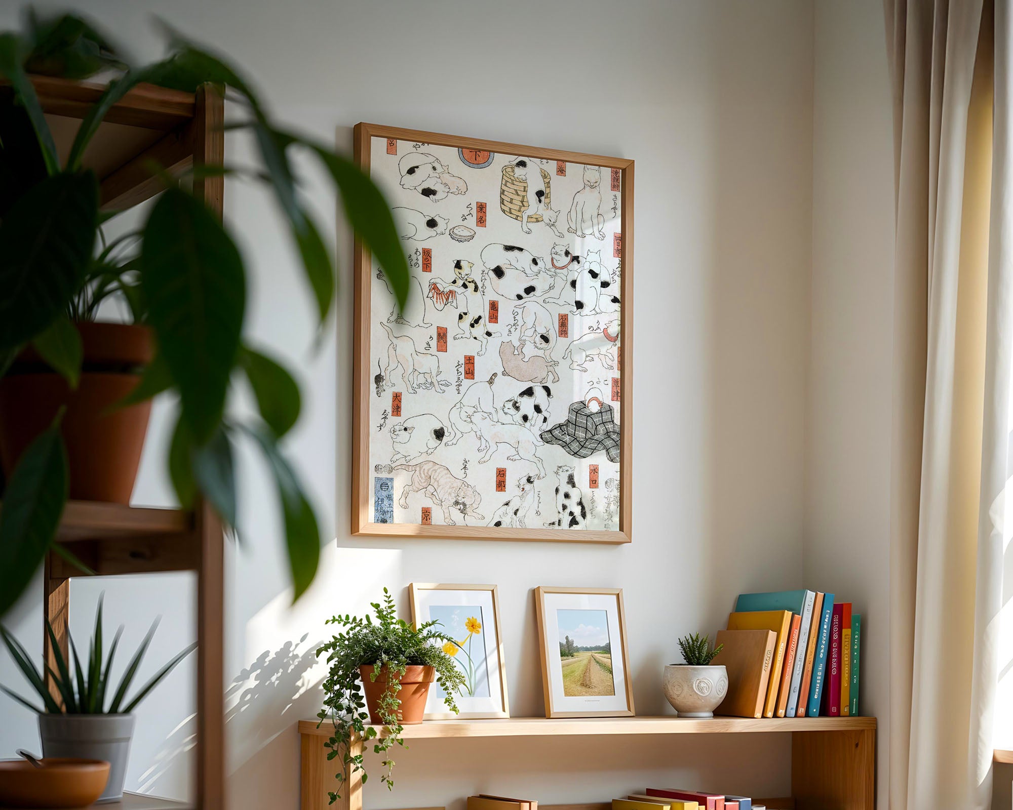 Minimalist ev dekorasyonu için antika görünümlü Japon kedi sanatı baskısı