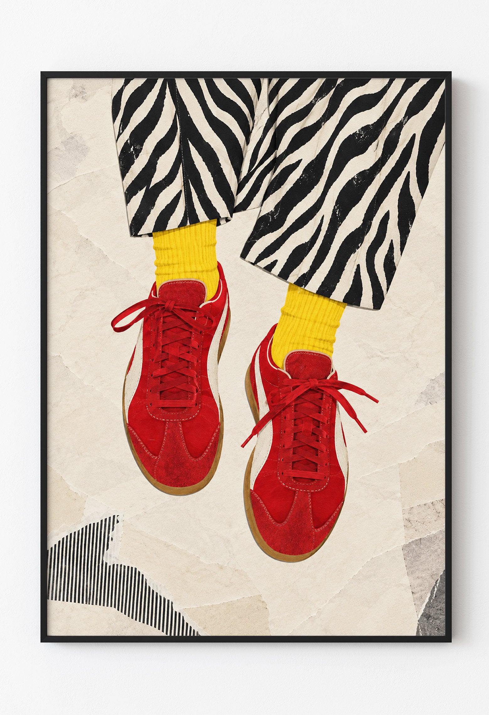 Kırmızı Puma Sneaker, Sarı Çorap ve Zebra Desenli Pantolon – Retro Moda ve Ayakkabı Posteri