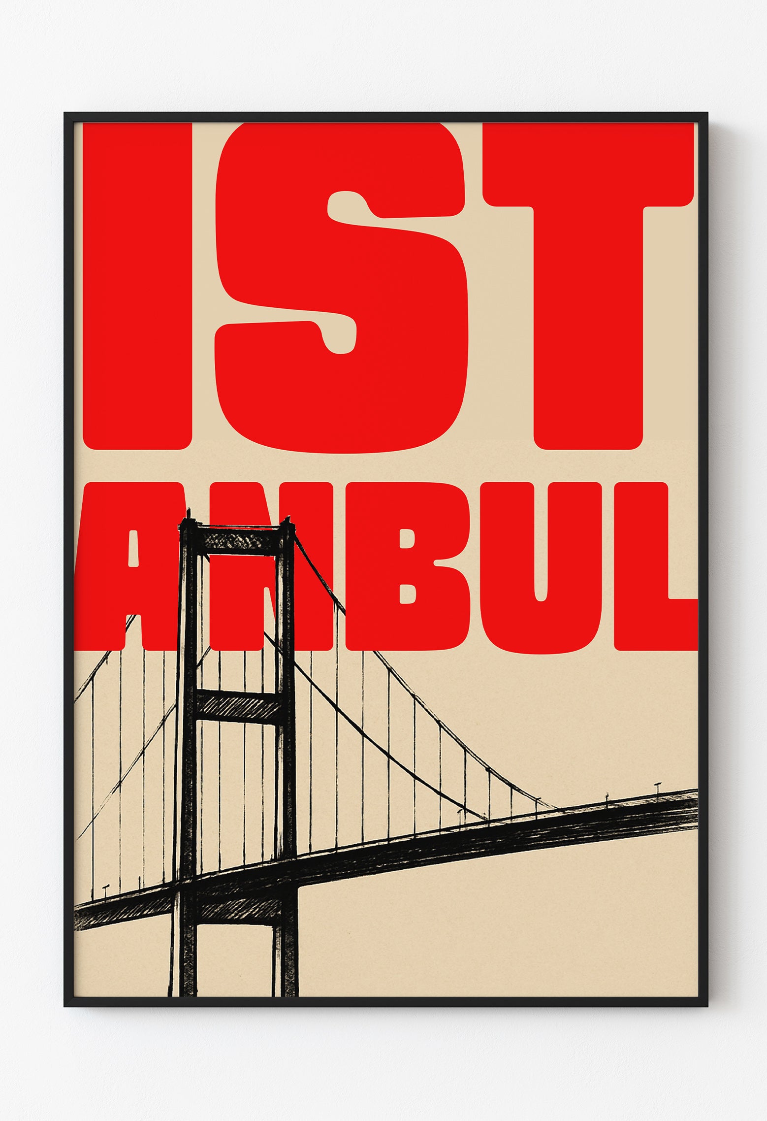 İstanbul Tipografi Poster – Kırmızı Yazılı Modern Duvar Dekoru, Boğaz Köprüsü Çizimli