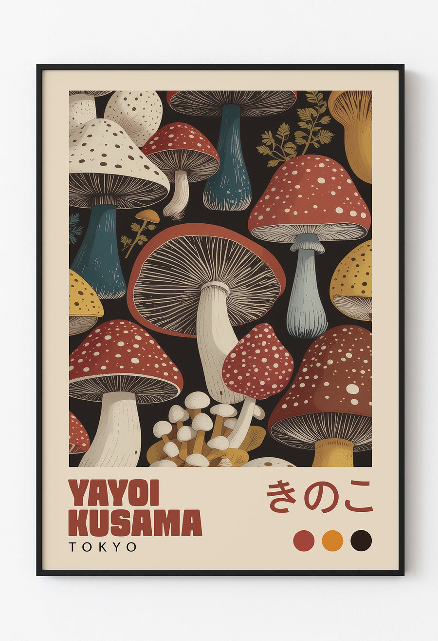Retro Tokyo Mantar Sanatı Posteri – Vintage Botanik Duvar Baskısı / Kusama
