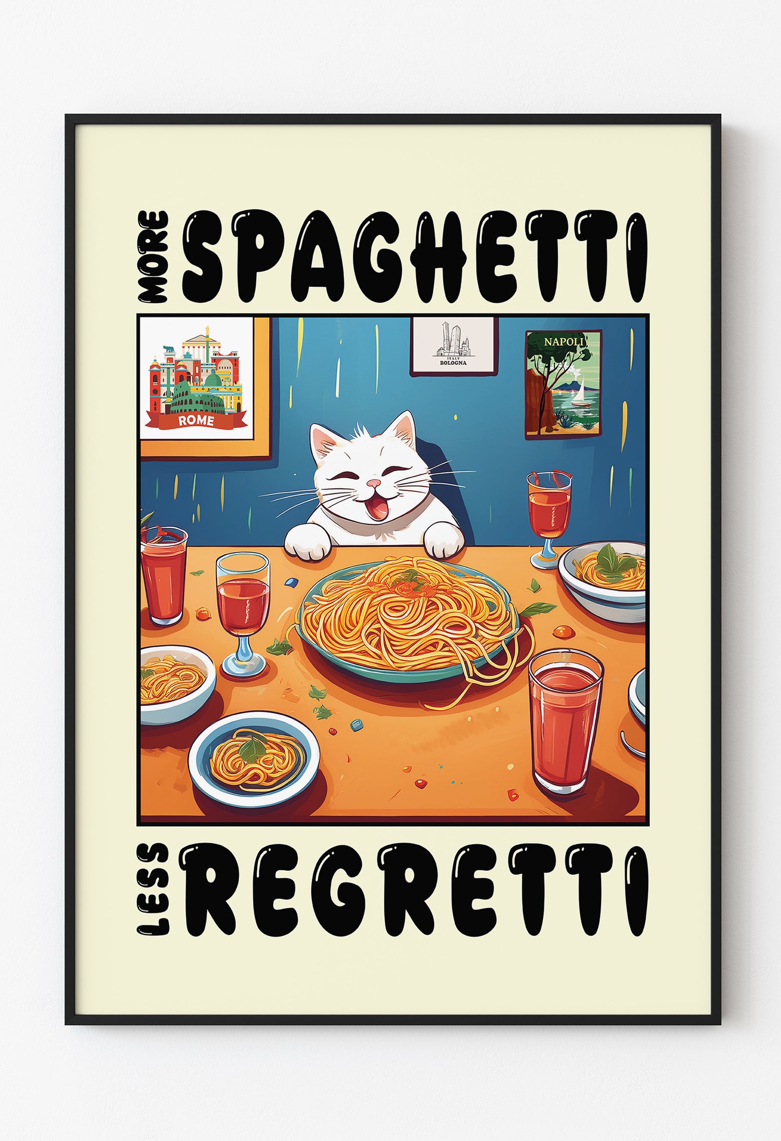 More Spaghetti Less Regretti – Espirili Kedi ve Makarna Temalı Renkli Duvar Posteri