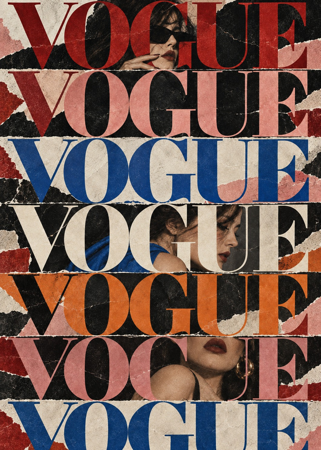 Renkli VOGUE yazıları, moda portreleri ve yırtık kâğıt dokusundan oluşan retro kolaj posteri.